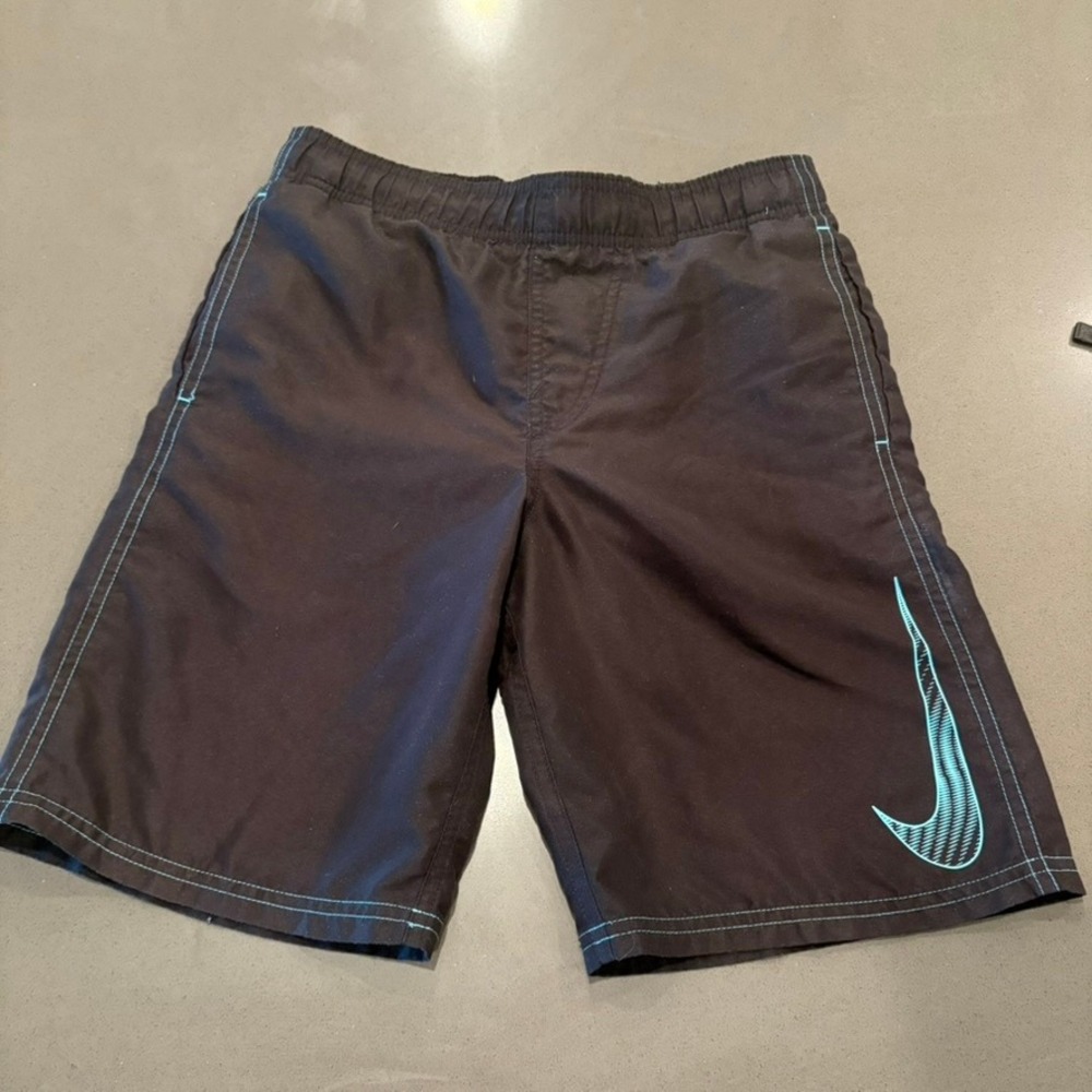 Nike Boys Black Teal Swoosh Swim Trunks Board Shorts Size S 8-9 Years